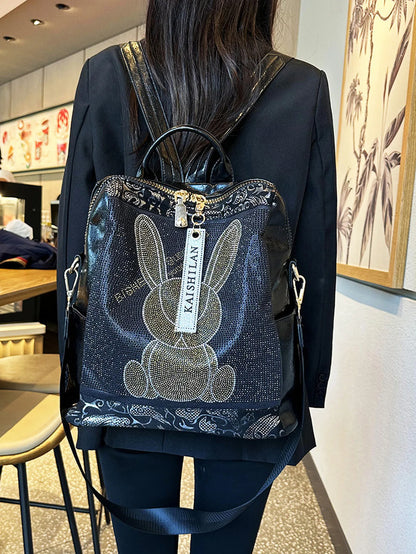 Multifunctional women's backpack with rabbit design and rhinestones, made of leather