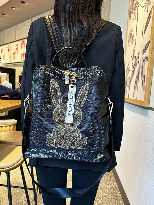 Multifunctional women's backpack with rabbit design and rhinestones, made of leather