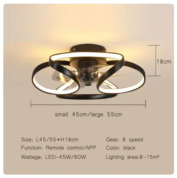 Smart Nordic ceiling fan with LED light, dimmable and silent, with remote control. Bedroom lighting