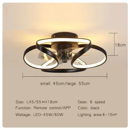 Smart Nordic ceiling fan with LED light, dimmable and silent, with remote control. Bedroom lighting