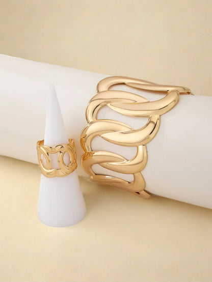 Bracelet and ring set with a geometric design of intertwined and sinuous links, with an adjustable opening