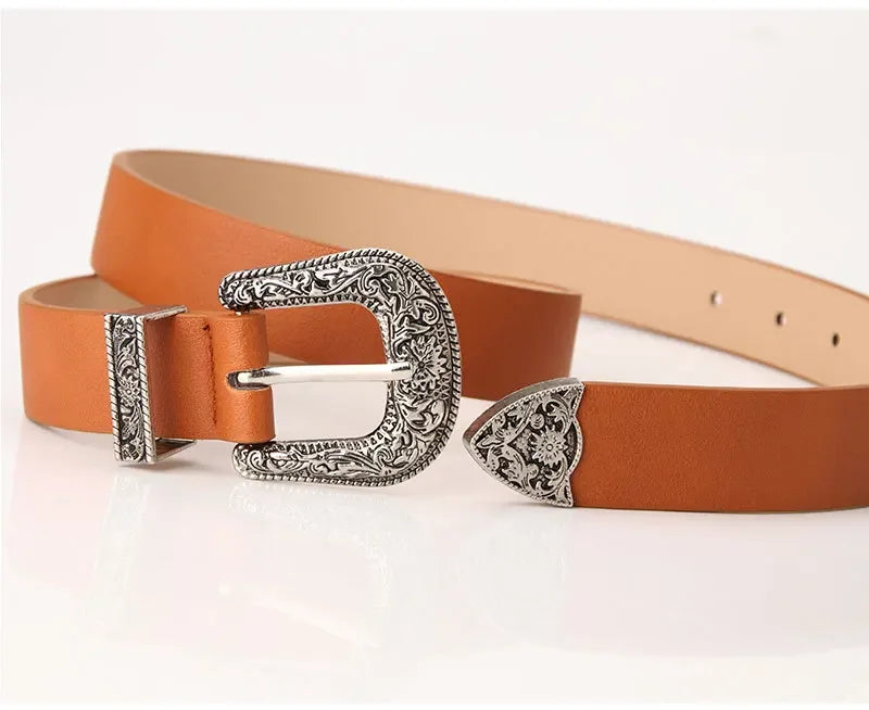Adjustable women's boho western style belt with round buckle