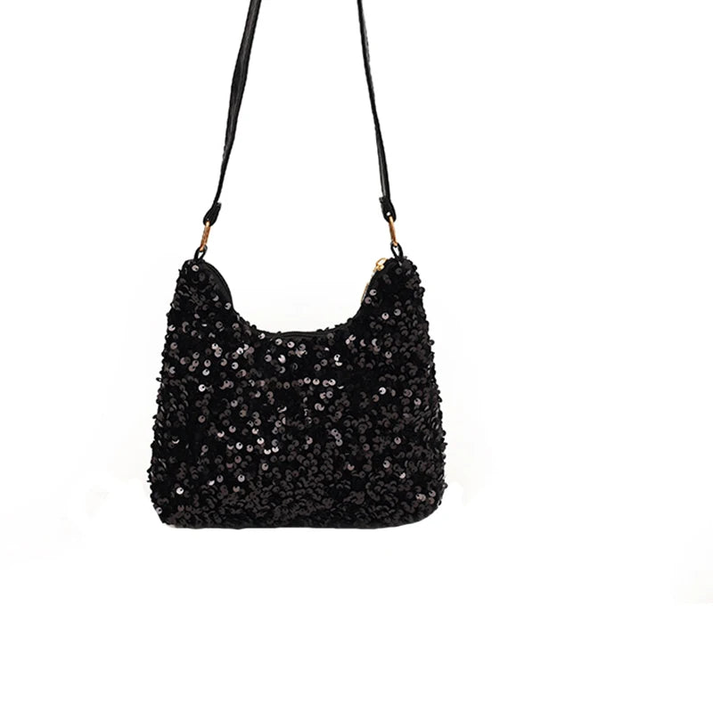 Women's sequin party bag/clutch with leather shoulder strap for weddings, proms, and parties (black and silver)
