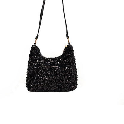 Women's sequin party bag/clutch with leather shoulder strap for weddings, proms, and parties (black and silver)