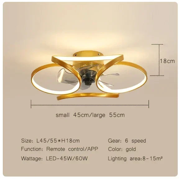 Smart Nordic ceiling fan with LED light, dimmable and silent, with remote control. Bedroom lighting