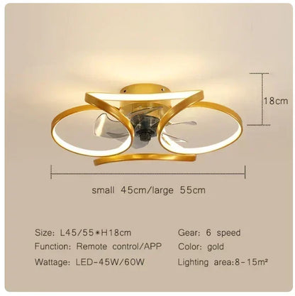 Smart Nordic ceiling fan with LED light, dimmable and silent, with remote control. Bedroom lighting