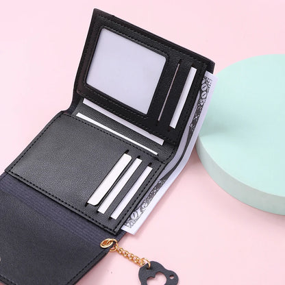 Small and compact women's wallet for girls with a cat print, featuring card slots and a bill compartment.