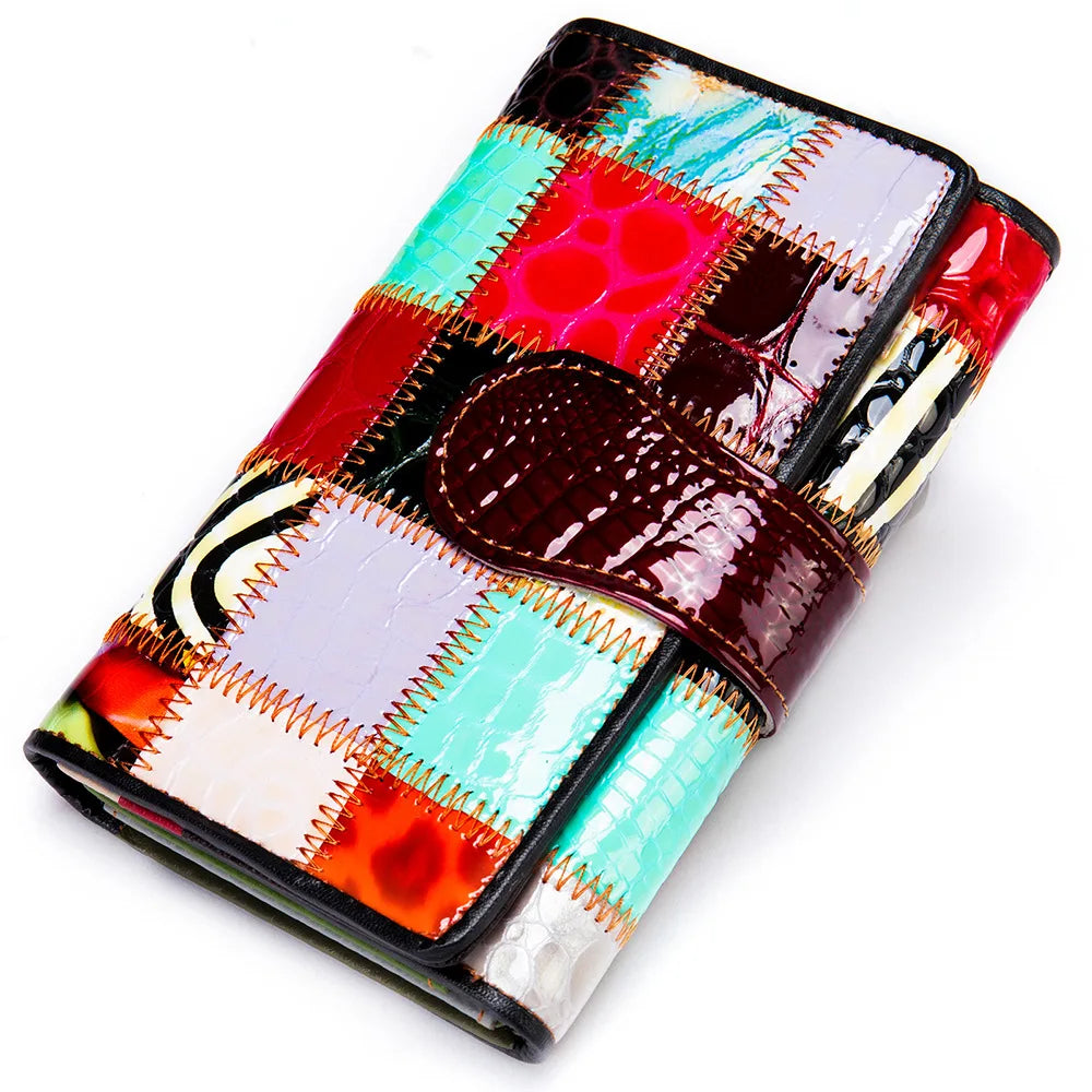 Elegant, compact women's wallet featuring a two-tone design, coin pocket, multiple card slots, and a money clip; crafted from high-quality genuine leather.