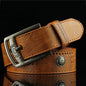 High-quality, casual and modern men's leather belt, wide with hollow rivets