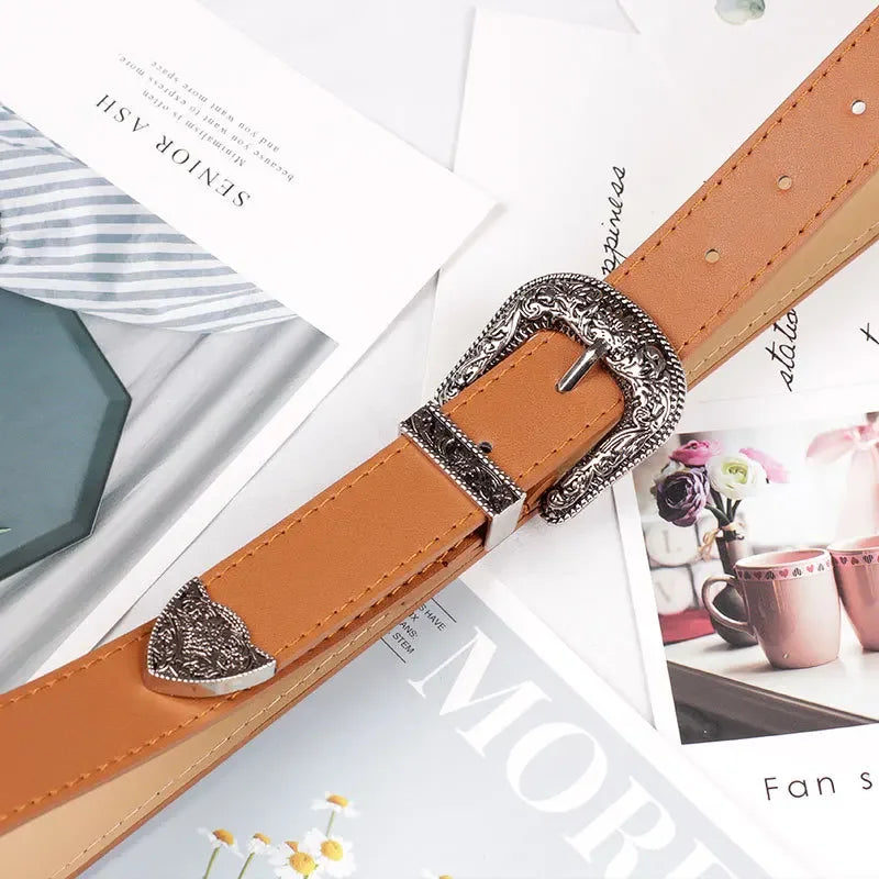 Adjustable women's boho western style belt with round buckle