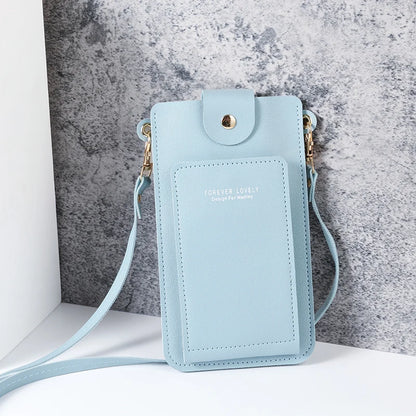 Modern shoulder bag in a solid color, with compartments for cell phone, wallets, and document holder