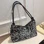 Women's sequin party bag/clutch with leather shoulder strap for weddings, proms, and parties (black and silver)