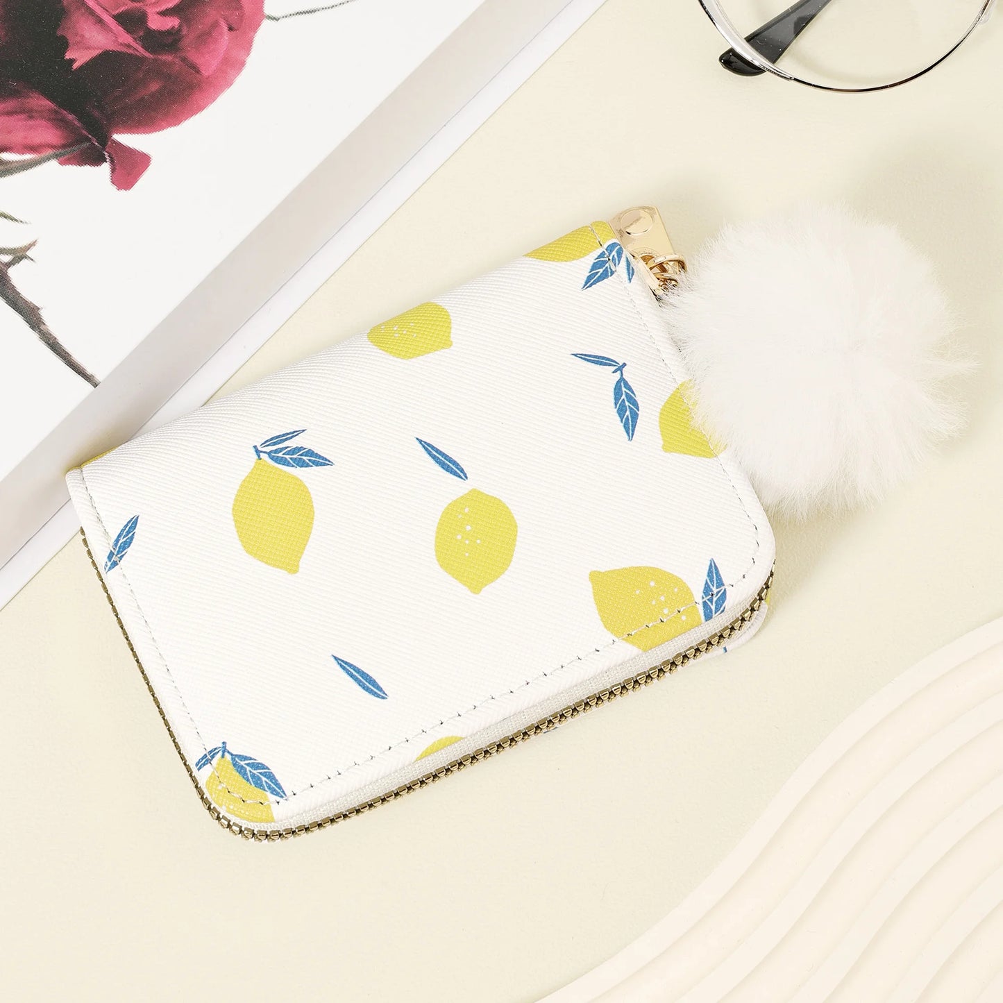 New women's card case With a Pom-pom Charm, Credit card holder, women's short wallet