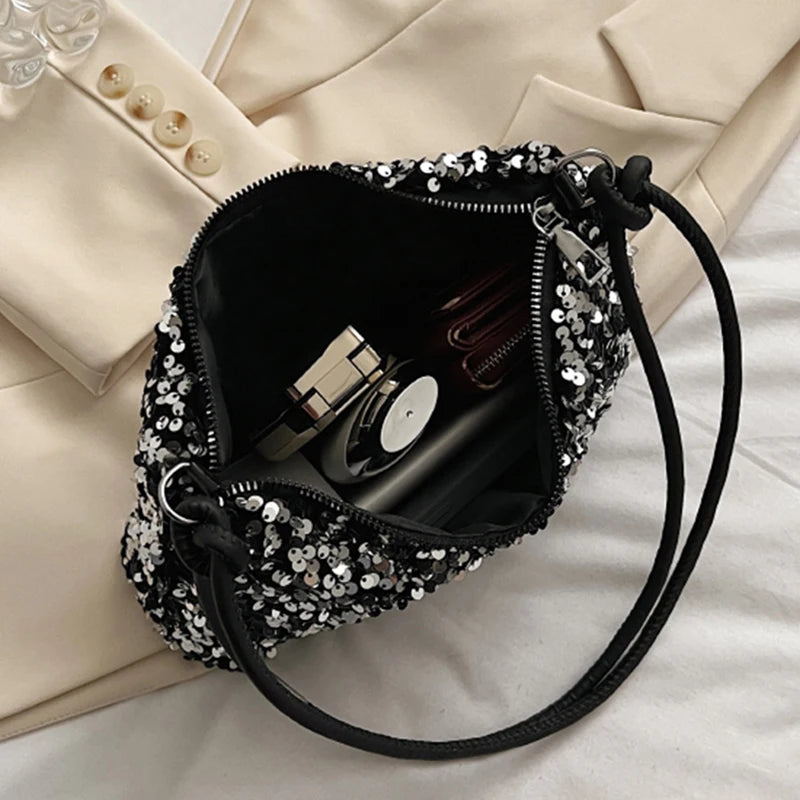 Women's sequin party bag/clutch with leather shoulder strap for weddings, proms, and parties (black and silver)