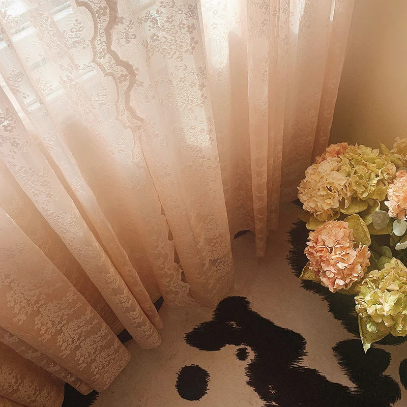 2PCS French Pink Lace Sheer Curtain For Luxurious Living Room, Princess Room