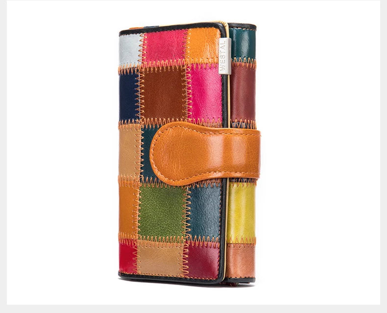 Elegant, compact women's wallet featuring a two-tone design, coin pocket, multiple card slots, and a money clip; crafted from high-quality genuine leather.