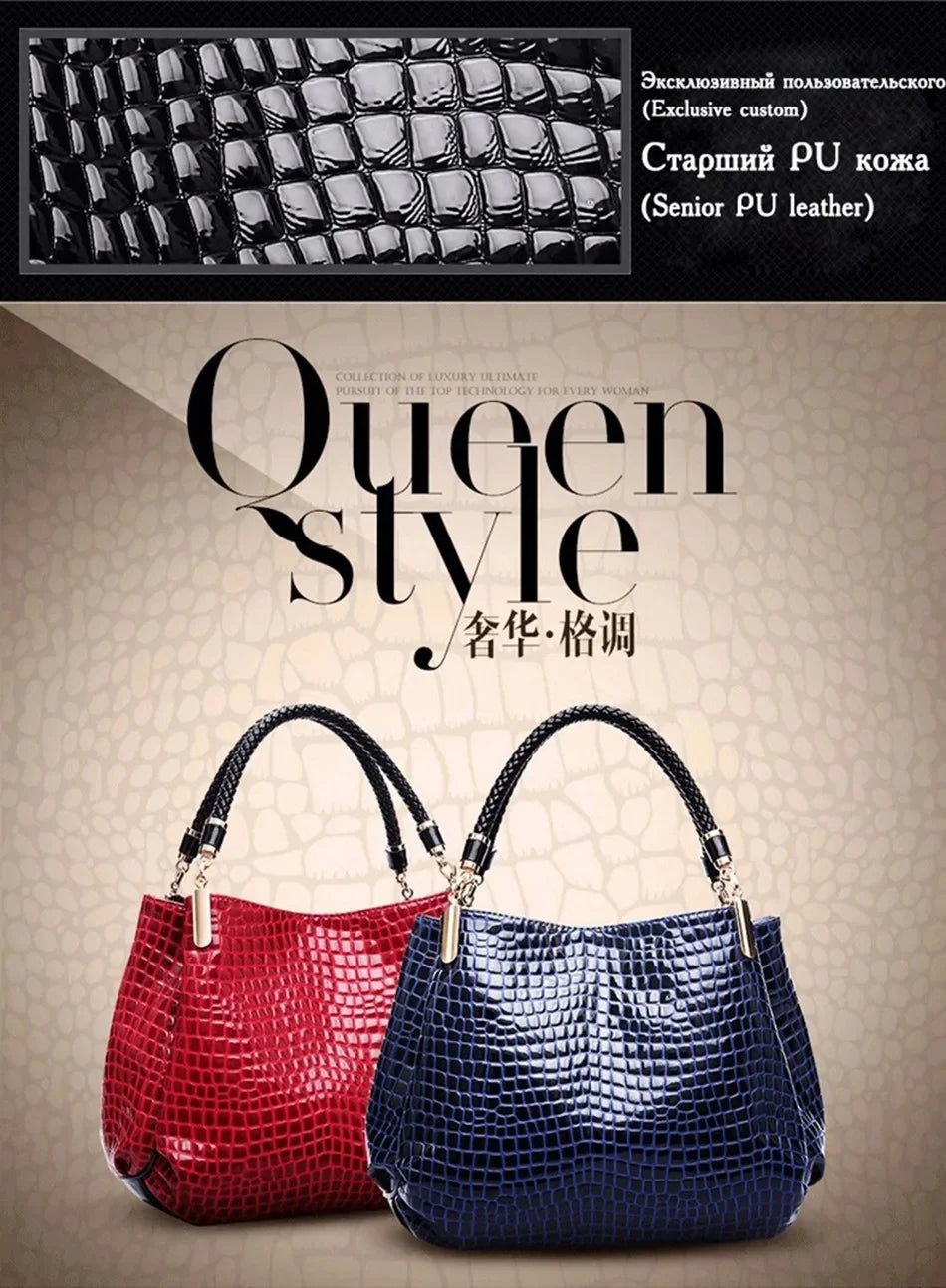 Women's satchel and tote bag with crocodile print and top handle. Stylish