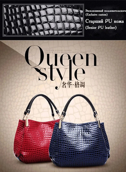 Women's satchel and tote bag with crocodile print and top handle. Stylish