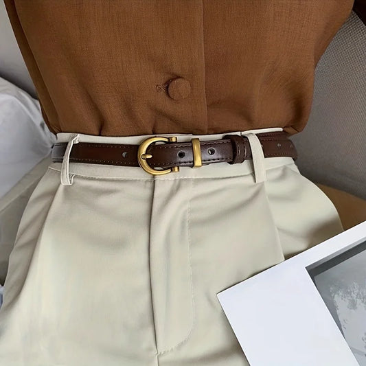 Women's casual vintage leather belt with classic oval buckle