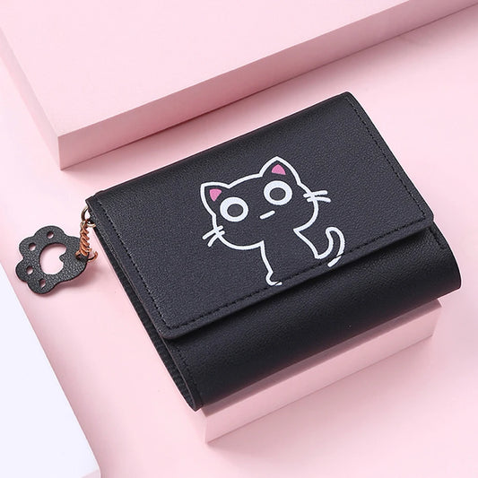 Small and compact women's wallet for girls with a cat print, featuring card slots and a bill compartment.