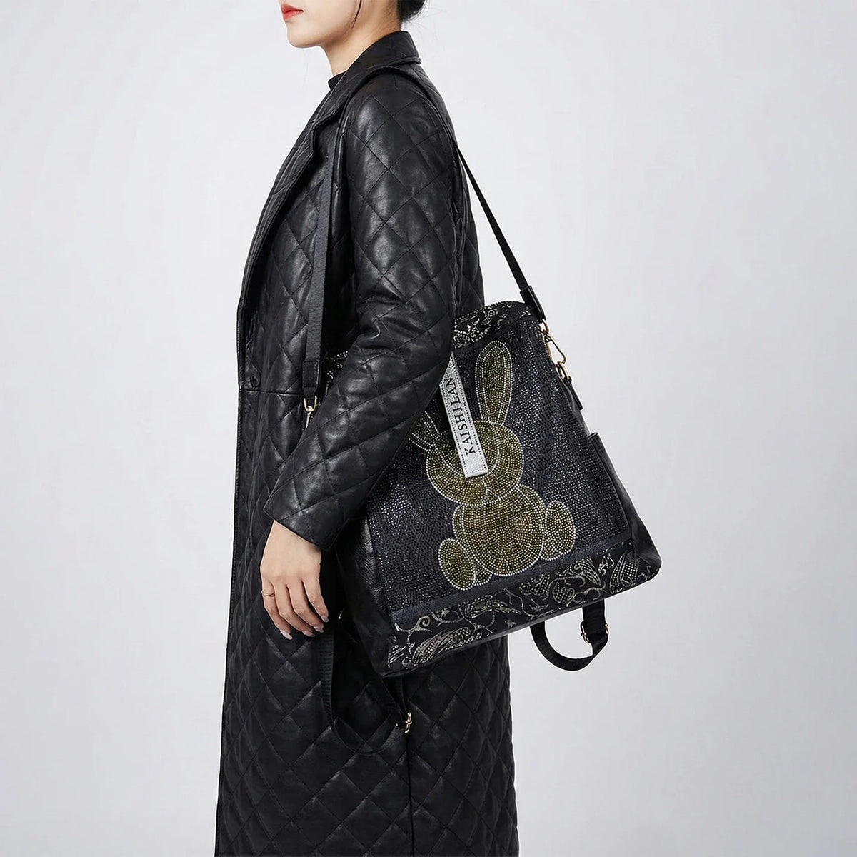 Multifunctional women's backpack with rabbit design and rhinestones, made of leather