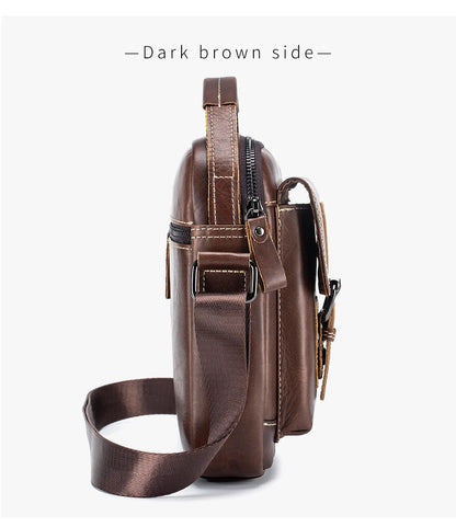 Small and versatile vertical shoulder bag in genuine leather for men