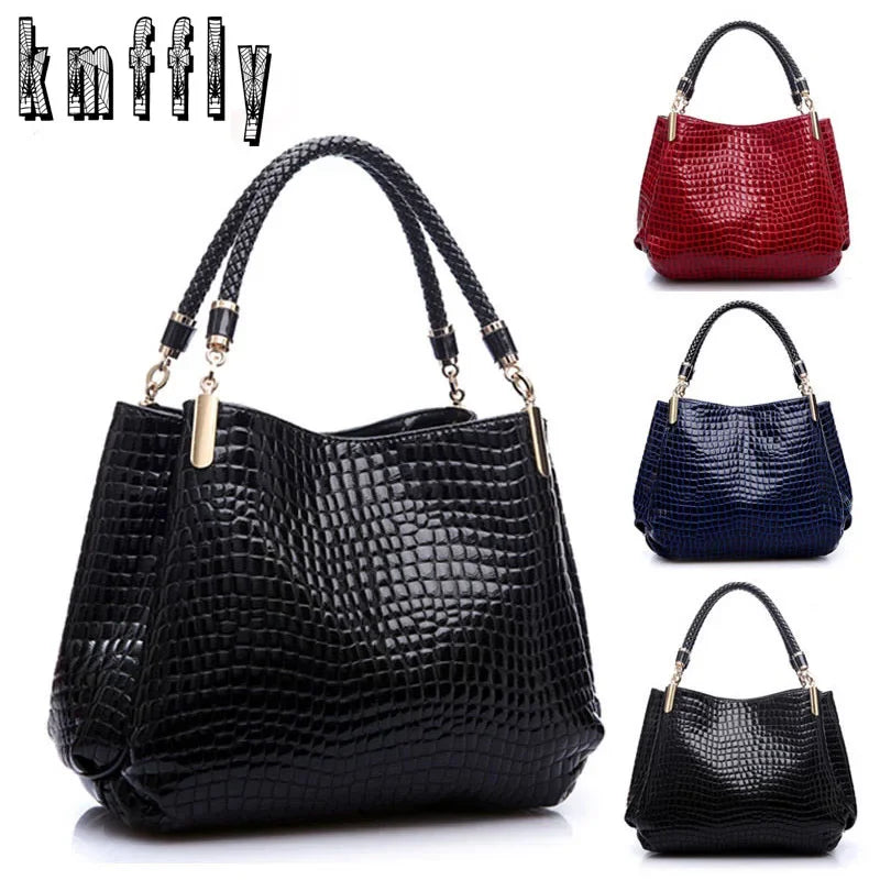Women's satchel and tote bag with crocodile print and top handle. Stylish