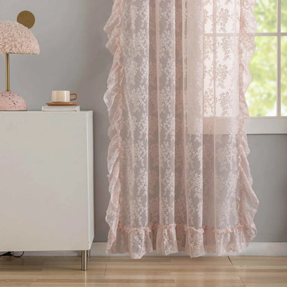 2PC French Pastoral Embroidery Lace Pink Sheer Curtains For Bedroom Living