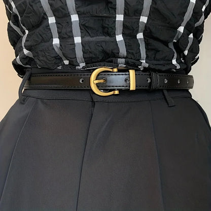 Women's casual vintage leather belt with classic oval buckle