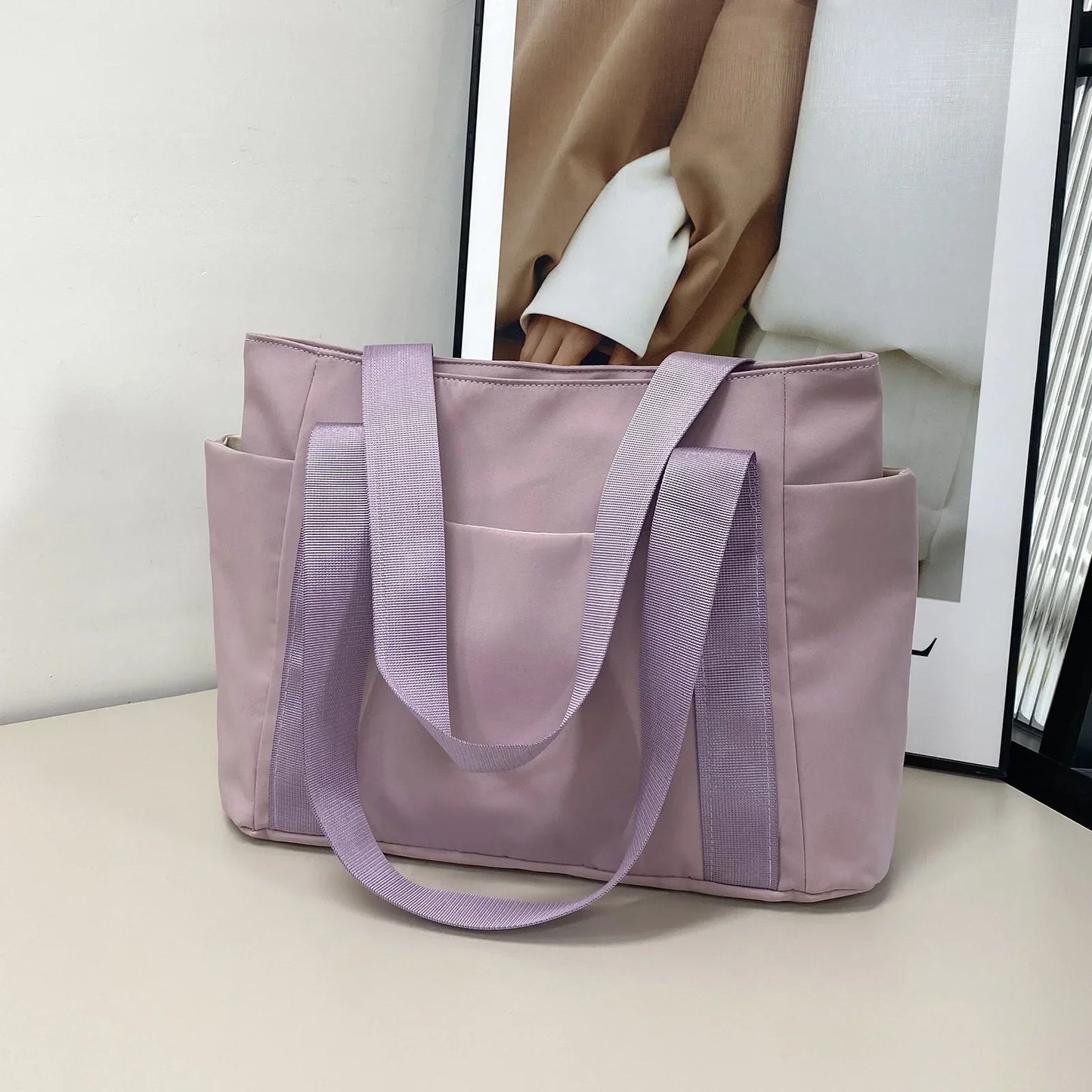 Bolsa de ombro de grande capacidade para mulheres, bolsa casual de nylon durável com vários bolsos, sacola de viagem leve