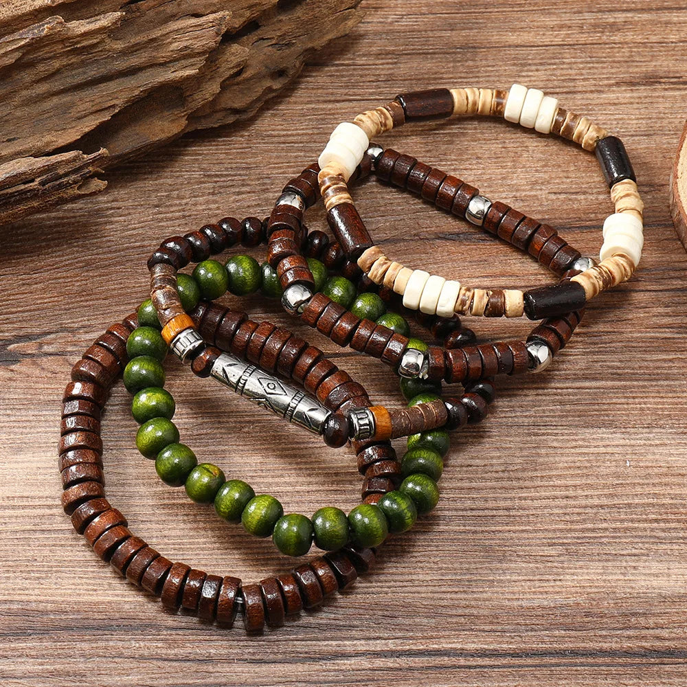 Retro men's multi-layered bracelet made with coconut shell, elastic cord, and wooden beads