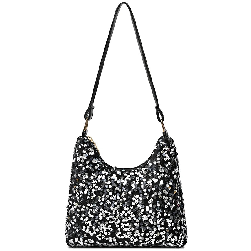 Women's sequin party bag/clutch with leather shoulder strap for weddings, proms, and parties (black and silver)