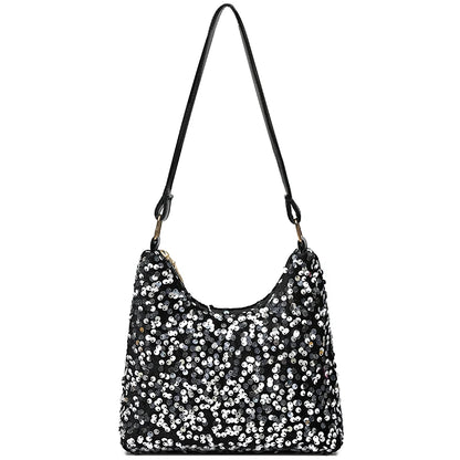 Women's sequin party bag/clutch with leather shoulder strap for weddings, proms, and parties (black and silver)