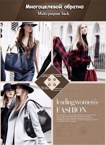 Women's satchel and tote bag with crocodile print and top handle. Stylish