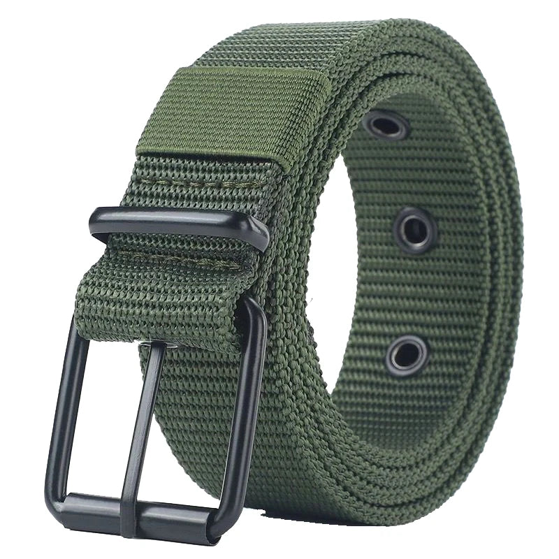 Unisex canvas belt with pin buckle and leather detail. Modern with eyelets and perfect for wearing with jeans.