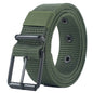 Unisex canvas belt with pin buckle and leather detail. Modern with eyelets and perfect for wearing with jeans.