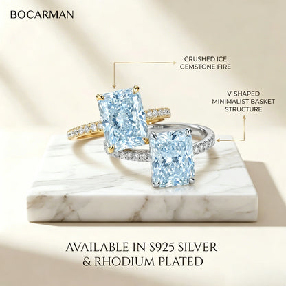 High-Quality S925 Sterling Silver Ring with Light Ice-Blue Rectangular Zirconia and High-Carbon Diamond (Ice Cut)