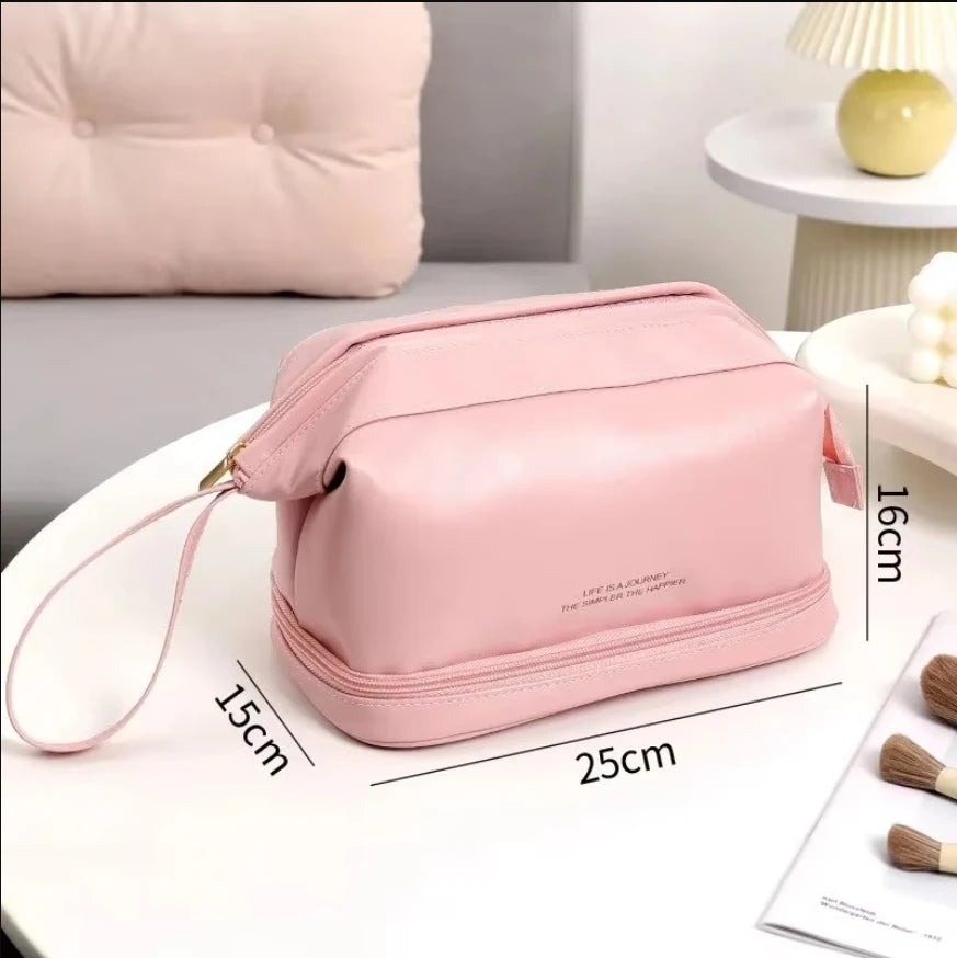A sophisticated, portable, and large toiletry bag for cosmetics or personal hygiene items.
