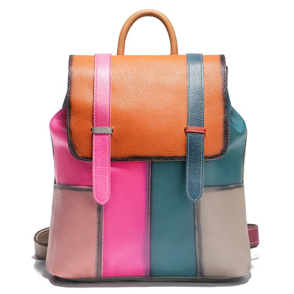 Women's Genuine Leather Backpack – Stylish, Spacious, and Featuring a Patchwork Design