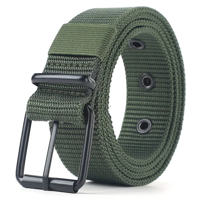 Unisex canvas belt with pin buckle and leather eyelet details