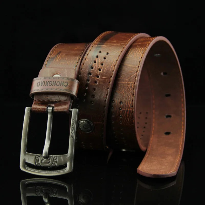 High-quality, casual and modern men's leather belt, wide with hollow rivets