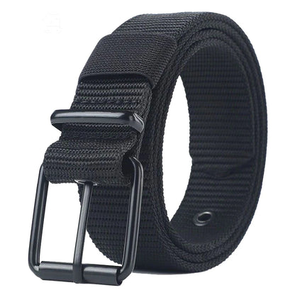 Unisex canvas belt with pin buckle and leather detail. Modern with eyelets and perfect for wearing with jeans.