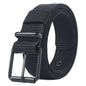 Unisex canvas belt with pin buckle and leather detail. Modern with eyelets and perfect for wearing with jeans.