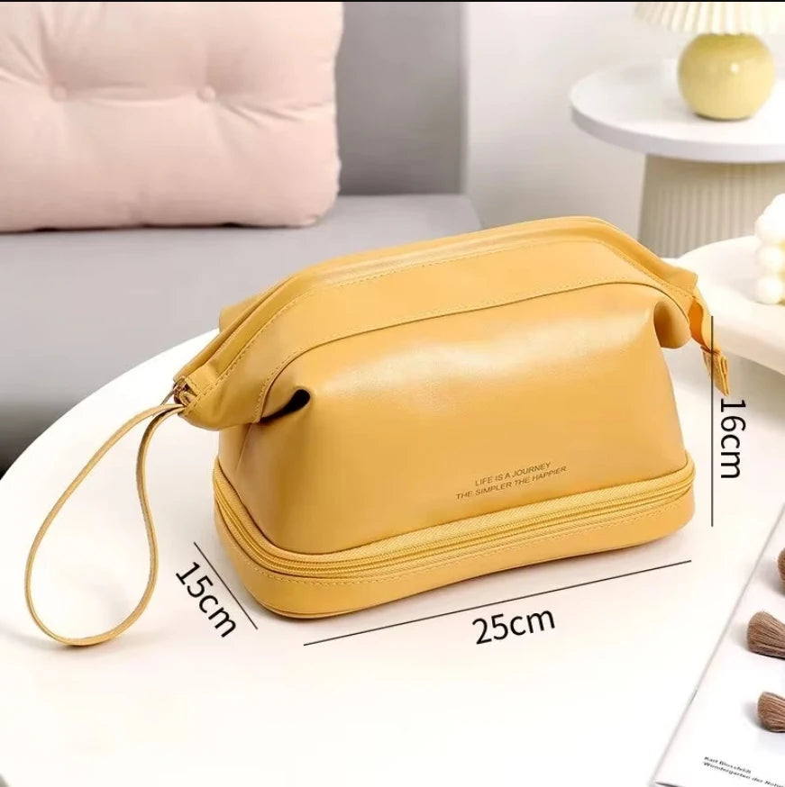 A sophisticated, portable, and large toiletry bag for cosmetics or personal hygiene items.
