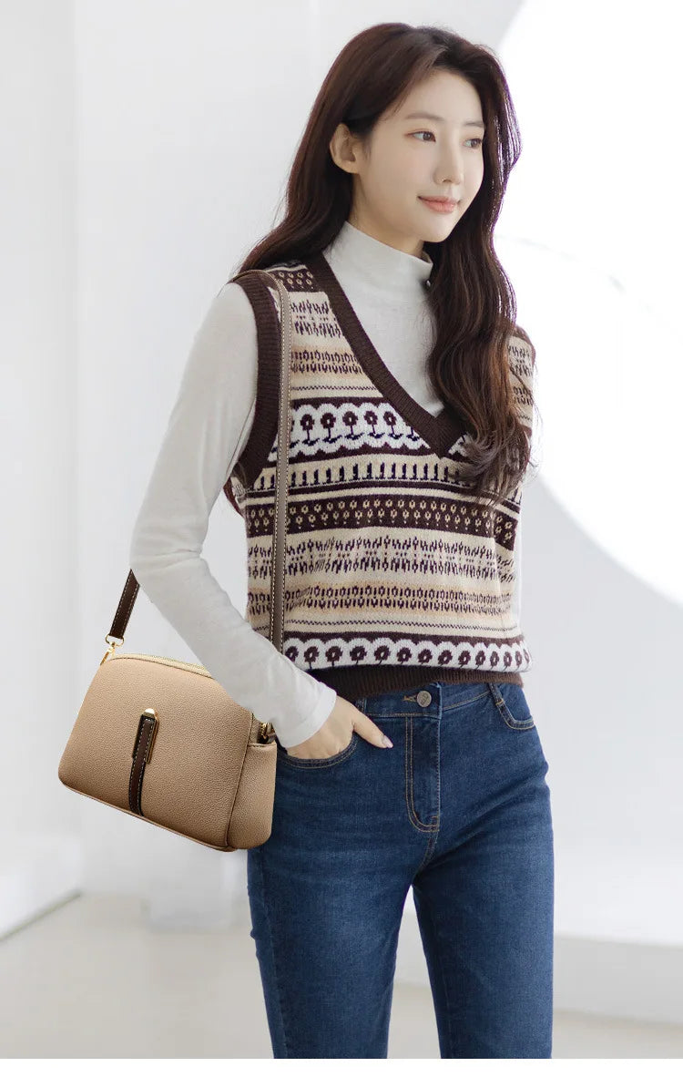 Women's genuine leather handbag with flap, luxurious, messenger style, crossbody