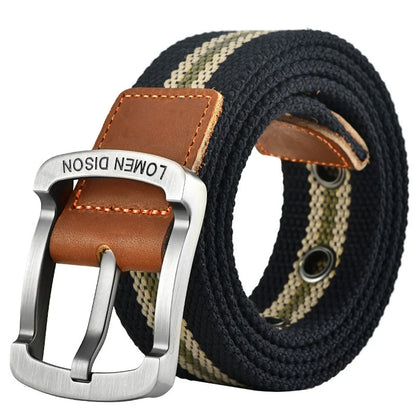 Men's tactical canvas belt, modern and casual, goes well with jeans, ideal accessory for outdoor sports and hunting, with nylon pin buckle