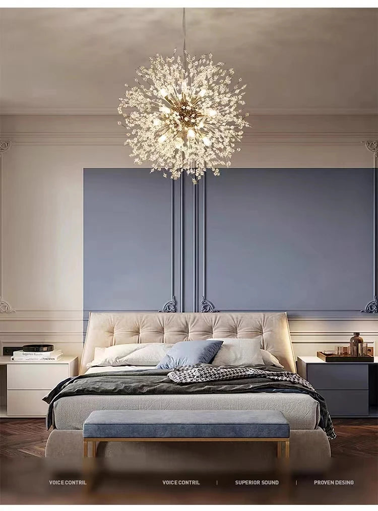 Luminária pendente LED moderna Sky Star Fireball Crystal, modelo Dandelion, ideal para restaurantes, salas de estar e bares. Arte dinamarquesa.