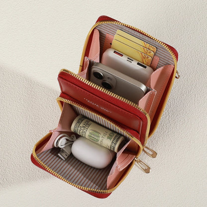 Modern, compact, and secure women's cell phone bag. Holds phones, cards, and documents