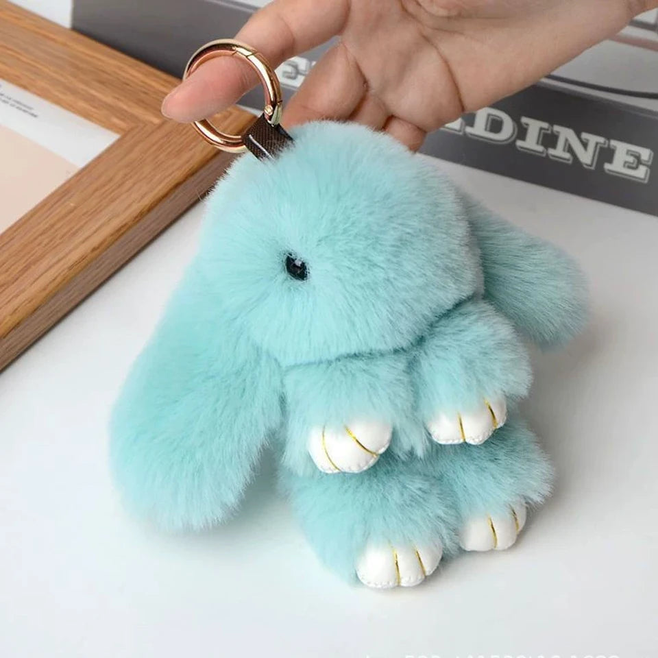 Adorable and fun women's keychain with a rabbit fur pendant.
