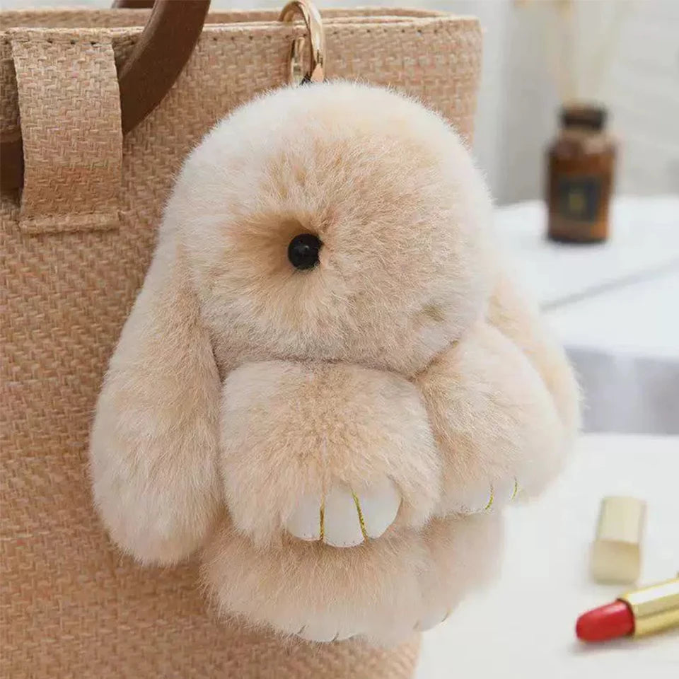 Adorable and fun women's keychain with a rabbit fur pendant.